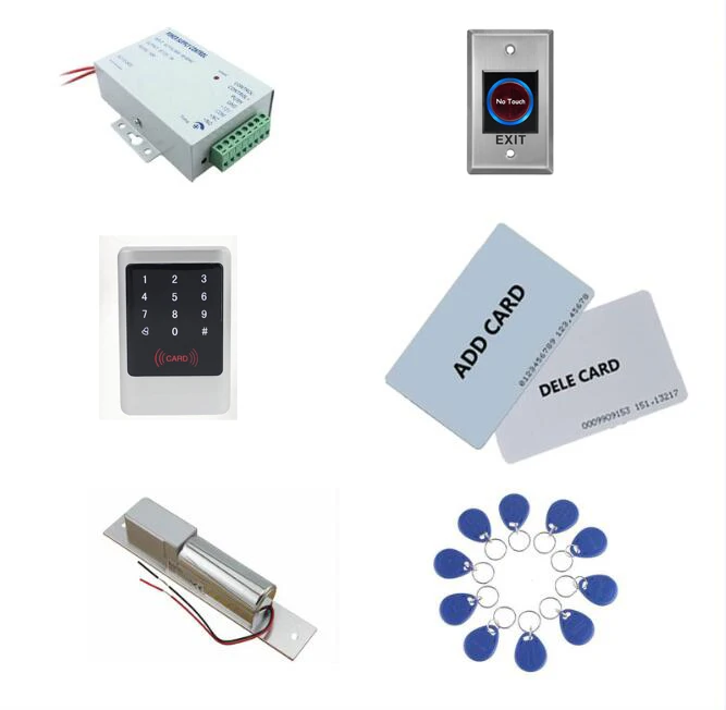

Металлический комплект контроля доступа, контроллер доступа клавиатуры Em/ ID + питание + Блокировка болта + кнопка выхода + 10 идентификационных бирок брелока, Sn:Tset-2
