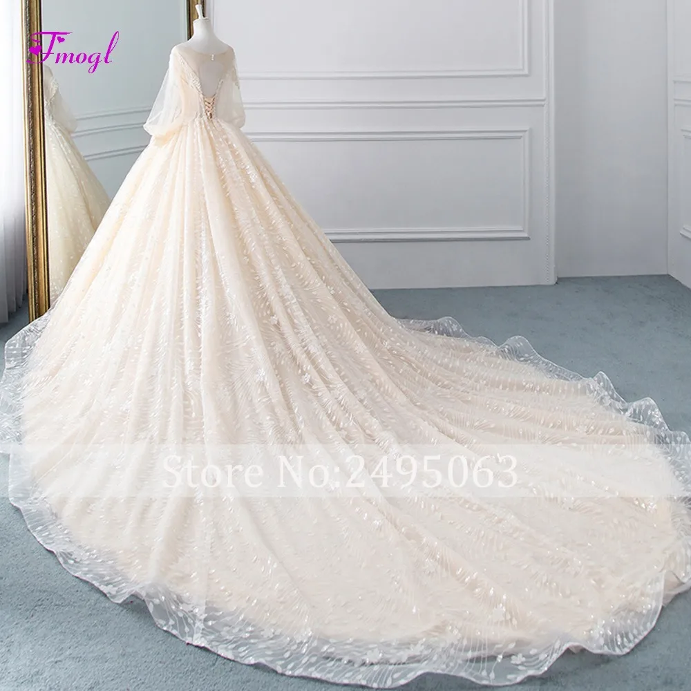 Fmogl Vestido de Noiva свадебное платье трапециевидной формы с круглым вырезом и бусинами