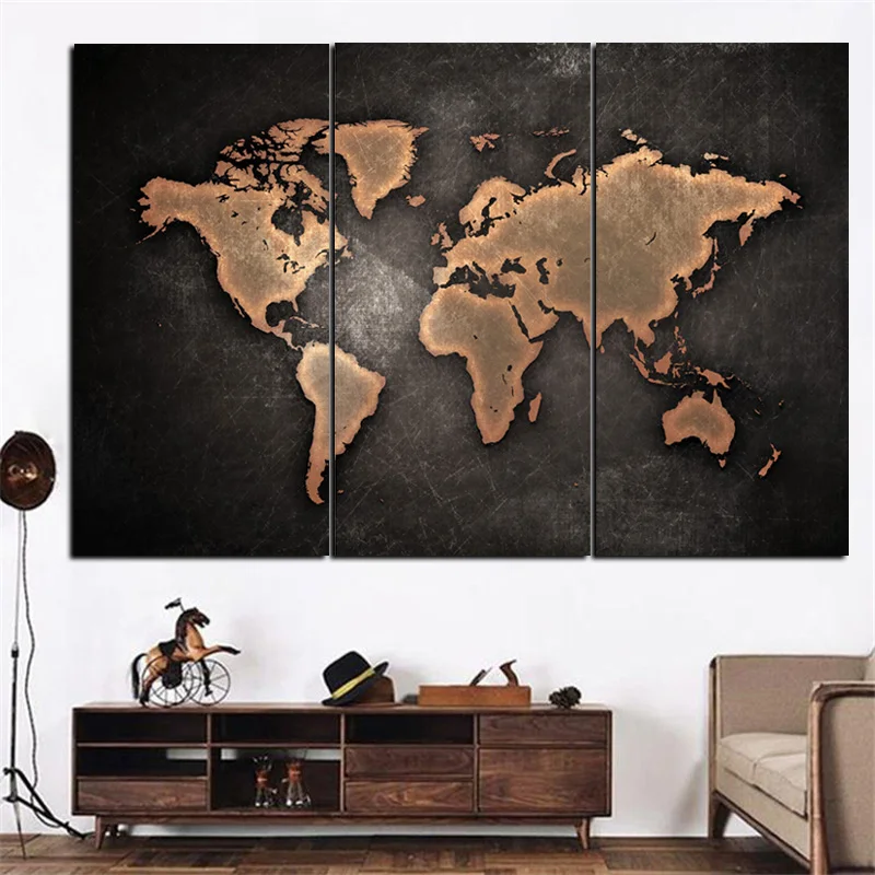 Большая винтажная карта мира 3 панели абстрактная картина маслом на холсте