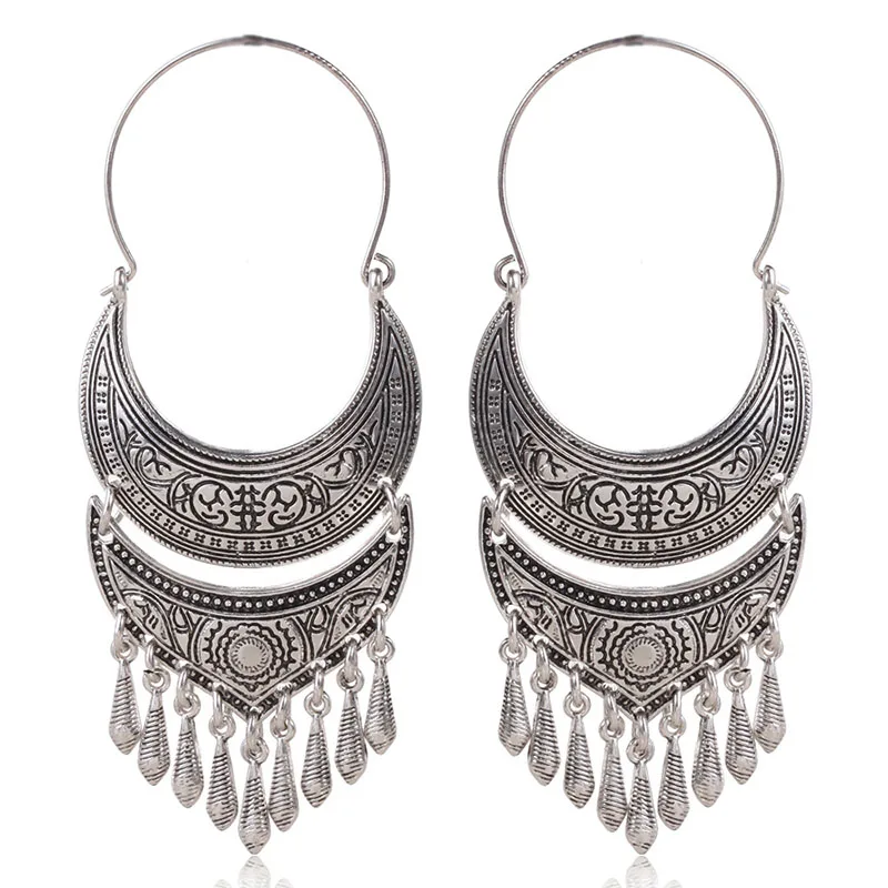 Bohemia Vintage Retro Tribal Antique Silver Ethnic Carved Moon Long Tassel Earrings for Women Jewelry Punk Beads Earring | Украшения и
