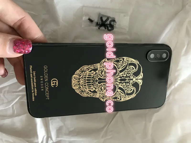 Превосходное качество, роскошная задняя крышка для iphone X, 24 k, золотой череп, дизайнерский корпус с оригинальной черной рамкой и стеклом