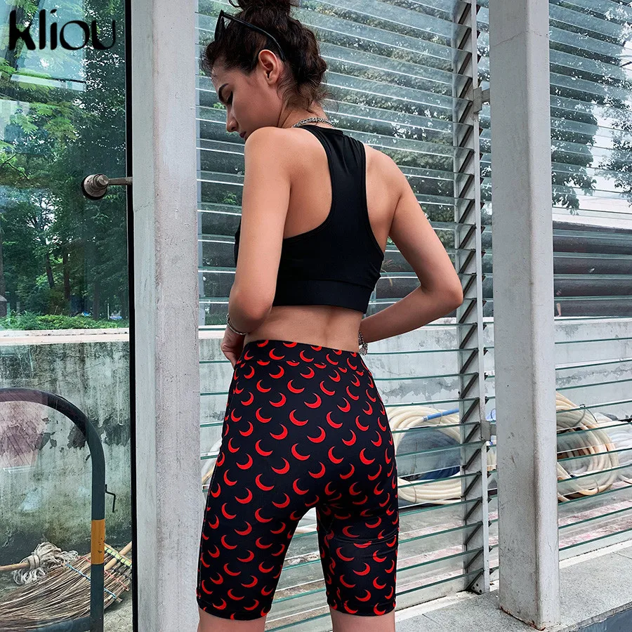 Kliou women skinny shorts elastic high waist fitness short print trousers summer female casual fashion street short pants