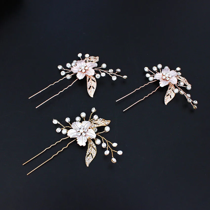 Xinyun New Romantic Hair Pins Accessories Golden Openwork Leaf Bridal Accessory Rhinestone Pearl U-Shaped Girl Hairpin | Украшения и