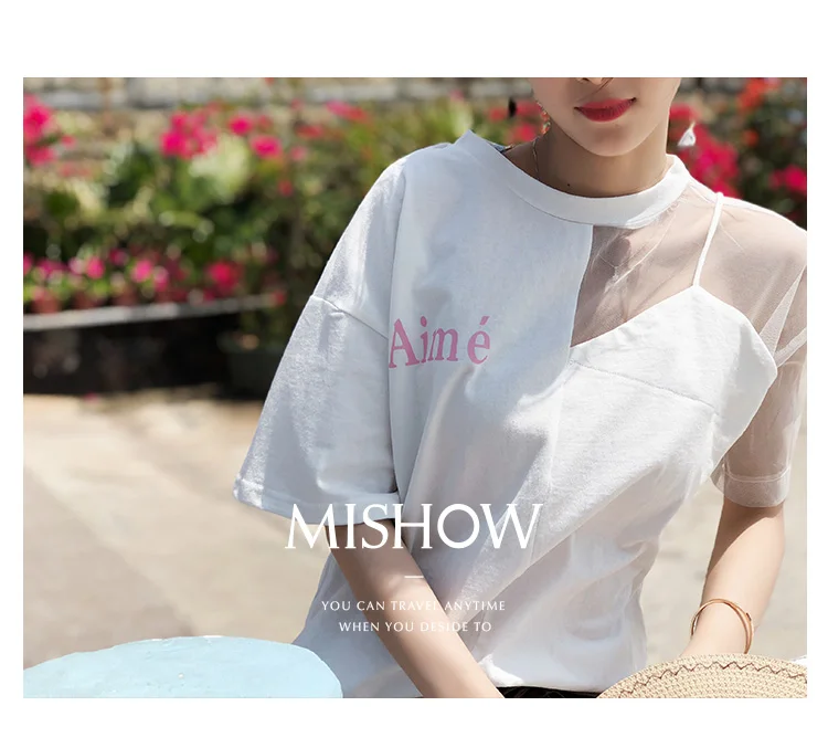 Mishow, лоскутные, прозрачные, с буквенным принтом, хлопок, одноцветные, короткий рукав, повседневные, женские футболки,, летние, сексуальные, свободные топы MX18A3337