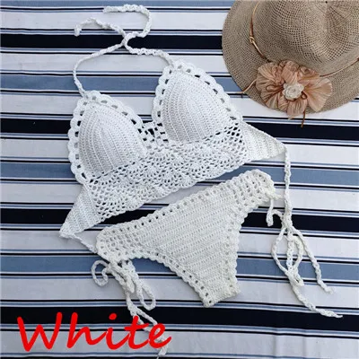 White Set Ручной работы крючком кружева вязать бюстгальтер купальники пляж пуш-ап бикини набор Холтер Cami Tank Crop Top - Цвет: White Set