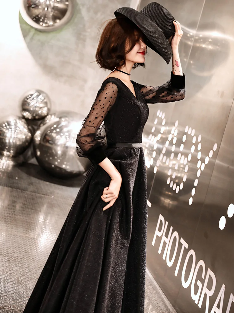 weiyin Robe De Soiree Glitter Shiny Evening Dress Full Sleeves Black Party Floor Length V Neck Formal Long | Свадьбы и торжества