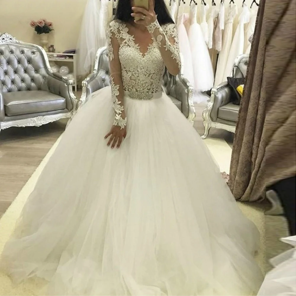 Сексуальное Тюлевое свадебное платье А-силуэта с V-образным вырезом кружевной