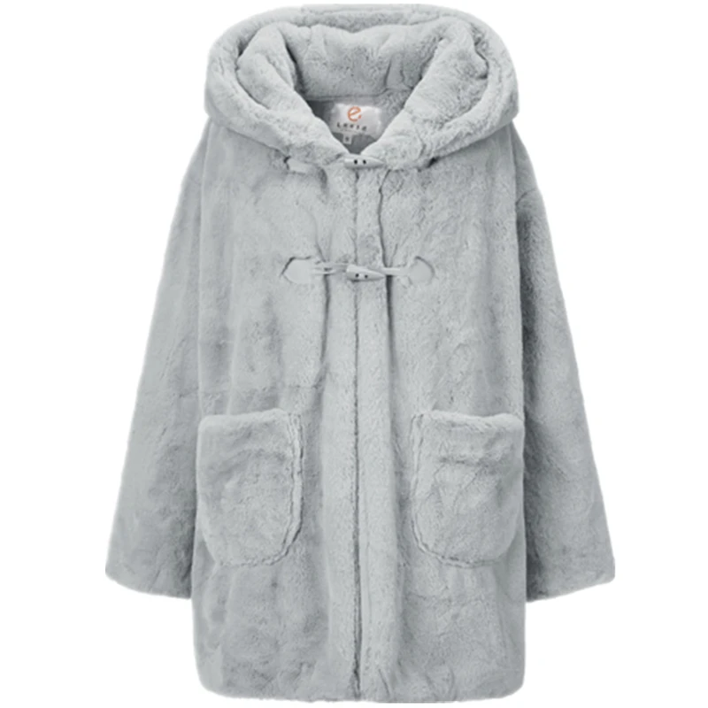 

Faux Fur Women's Jacket 2018 Winter New Imitation Fur Horn Buckle Rabbit Ears Plush Long Hooded Thick Coat Female Tide HJB334