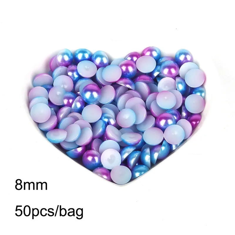 Blue Dia 8mm 50pcs Лидер продаж в переменного тока, 50-1000 шт./лот 3/4/5/6/8 мм полукруглые разноцветные плоские стразы из пластика ABS жемчужины плоские для альбома бусины для самостоятельного изготовления чехол для телефона аксессуары для одежды - Цвет: Blue Dia 8mm 50pcs