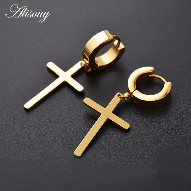 Gold Alisouy, новинка, панк стиль, мода, унисекс, для женщин, мужчин, молитва, черный,, 316, нержавеющая сталь, Huggie, петля, крест, шарм, висячие серьги - Окраска металла: Gold