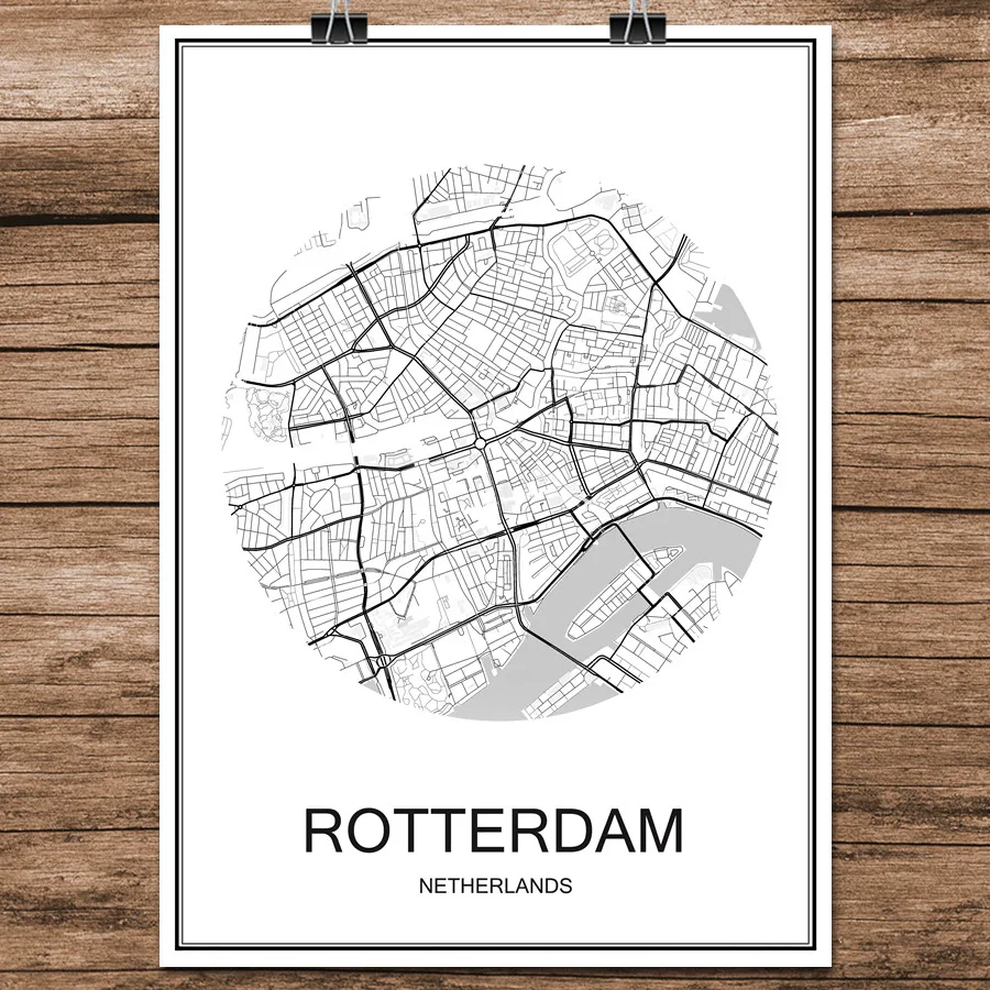 Черный белый цвет карта городов мира Роттердам Нидерланды принт с покрытием