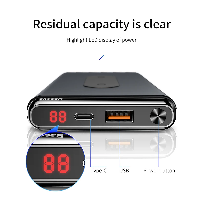 Baseus 10000mAh Power Bank QI Беспроводное зарядное устройство PD QC3.0 Быстрая зарядка