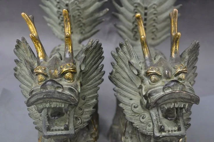 Рождественская старая китайская статуя фэн-шуй бронзовый позолоченный Дракон