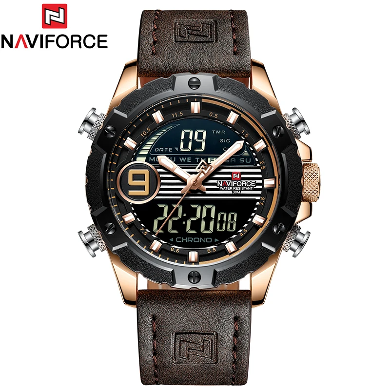 NAVIFORCE Топ Брендовые Часы мужские модные кварцевые часы светодиодный цифровой спортивные часы мужские кожаные водонепроницаемые часы Relogio Masculino