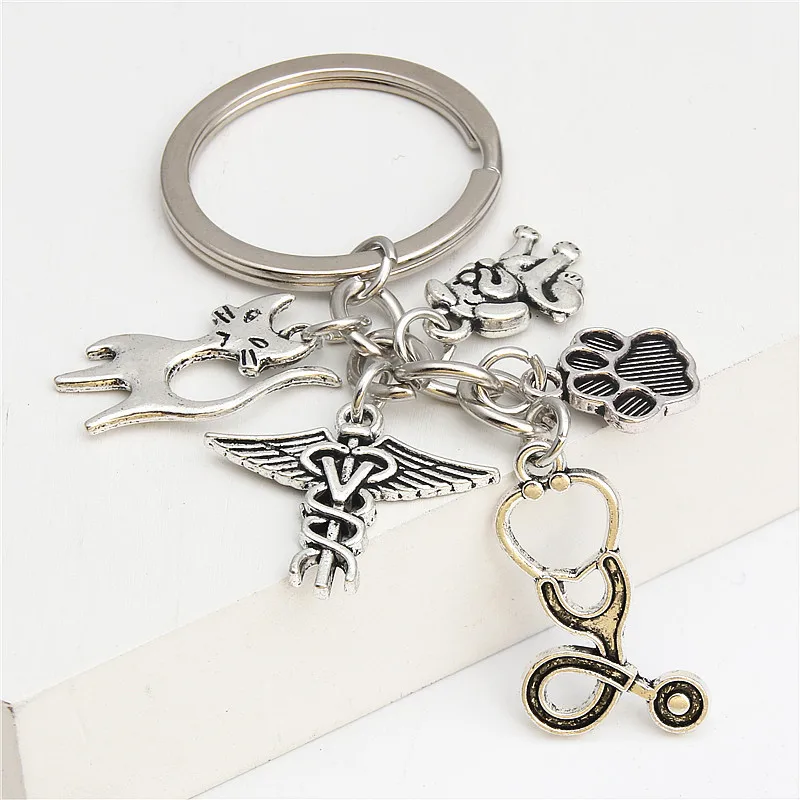 

1pair Vet Keyring Silver Color Stethoscope Animal Charms Animal Dog Cat Nurse Key Chains Veterinary Jewelry Gift E2180