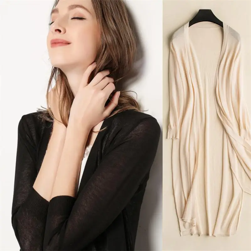 2019 New Summer Women Open Stitch Fashion Solid Hollow Knitted Thin Long Wool Coat Elegant Female Casual Loose Jacket Casacos |