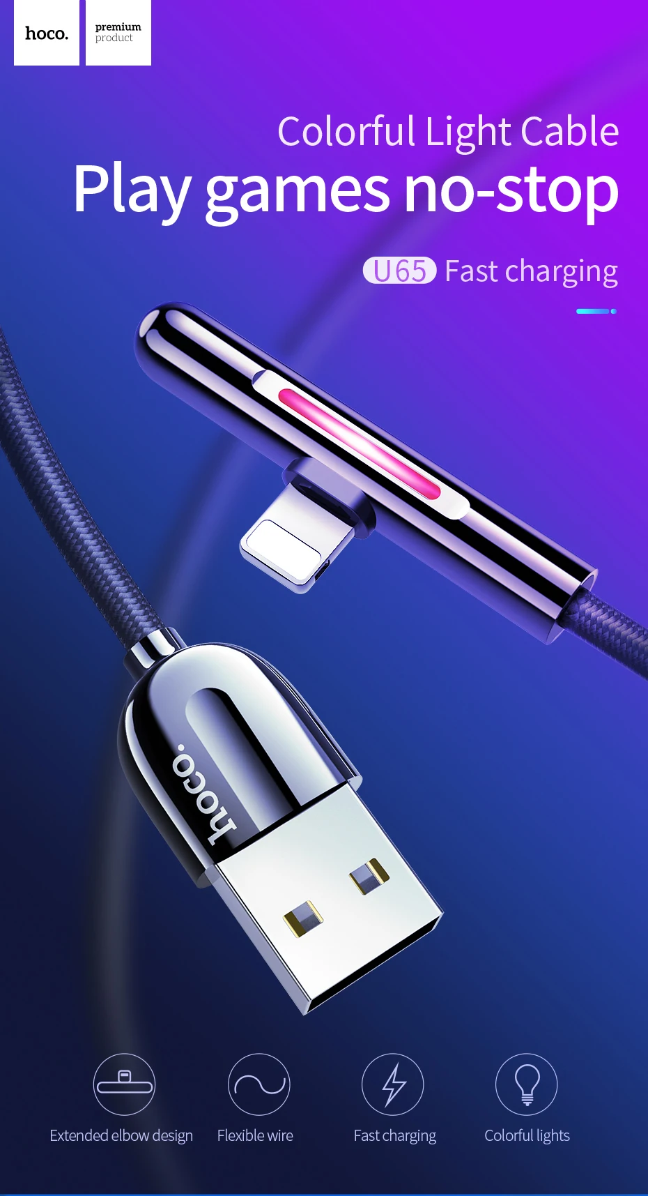 Hoco 90 градусов локоть дизайн USB кабель для iphone кабель 11 Pro XR Xs Max X 8 7 6 ipad2 красочный постепенный свет 2.4A Быстрая зарядка