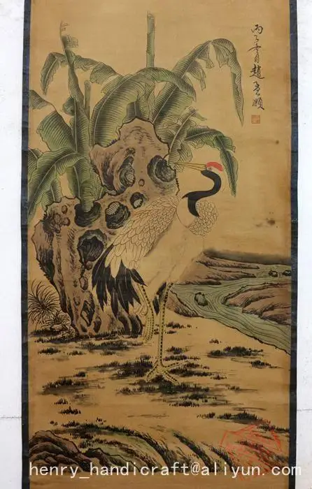 Античная Ручная роспись китайской каллиграфии QingDynasty, кран, декоративные фрески, поделки/Коллекция и украшение