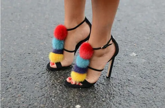 

New arrival buckle strap high heel women sandals open toe colorful plush ball stiletto heels wedding party dress shoes woma