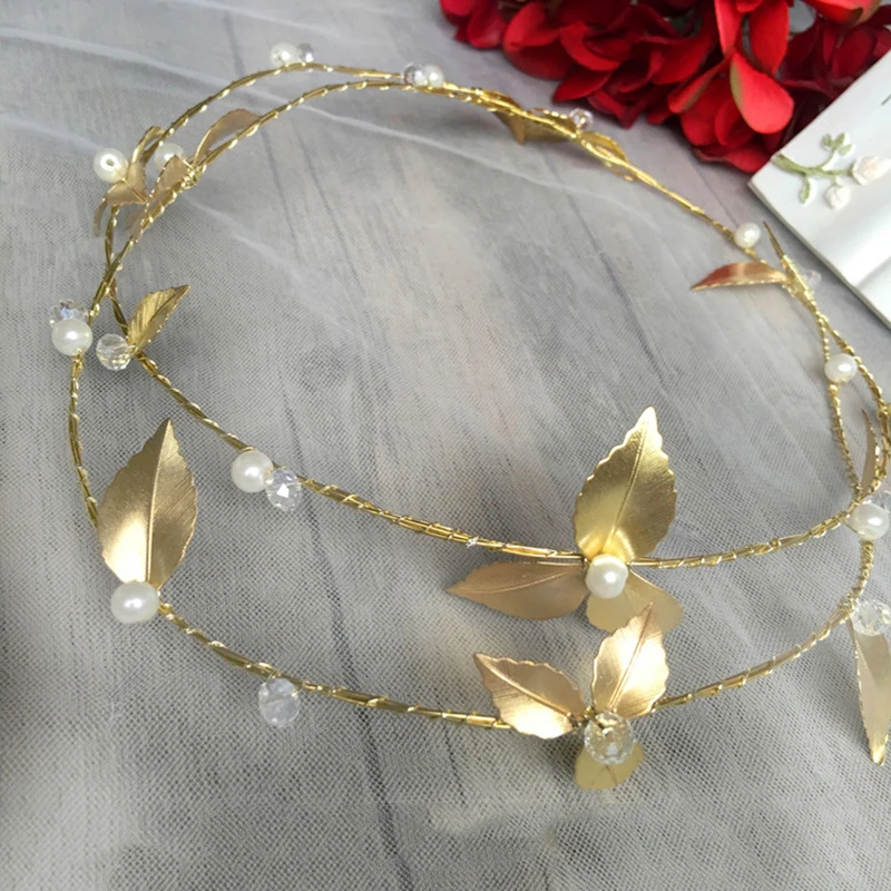 HIMSTORY Free Bending Gold Color Leaf Pearl Hair Jewelry Crystal Headband Girls Ornaments Bridal Wedding Accessories | Украшения и