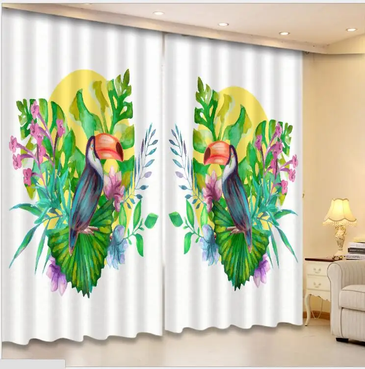 

Green leaf bird print Luxury Blackout 3D Window Curtain living Room kids Bedroom decorate Drapes Cortina Rideaux pillowcase