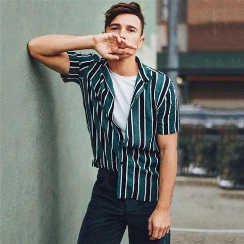 

HIRIGIN Men Summer Striped Short Sleeve Shirt Man Casual Loose Comfortable Slim Blouse