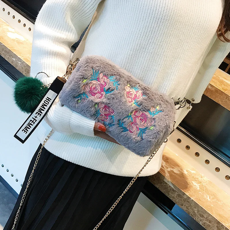 Plush Embroidery Evening bag Vintage Fur ball Barrel Shaped Handbag Chain Lady Fashion Crossbody Bag Women Famous Shoulder | Багаж и сумки