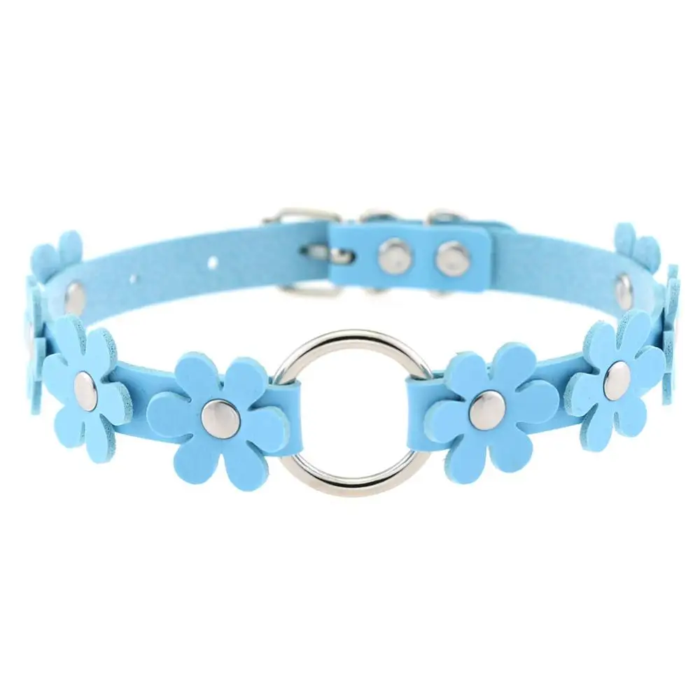 light blue Цветок кожаная цепочка-колье, ожерелье каваи цветочный чокер в готическом стиле панк женские девушки Harajuku стимпанк ювелирные изделия - Окраска металла: light blue