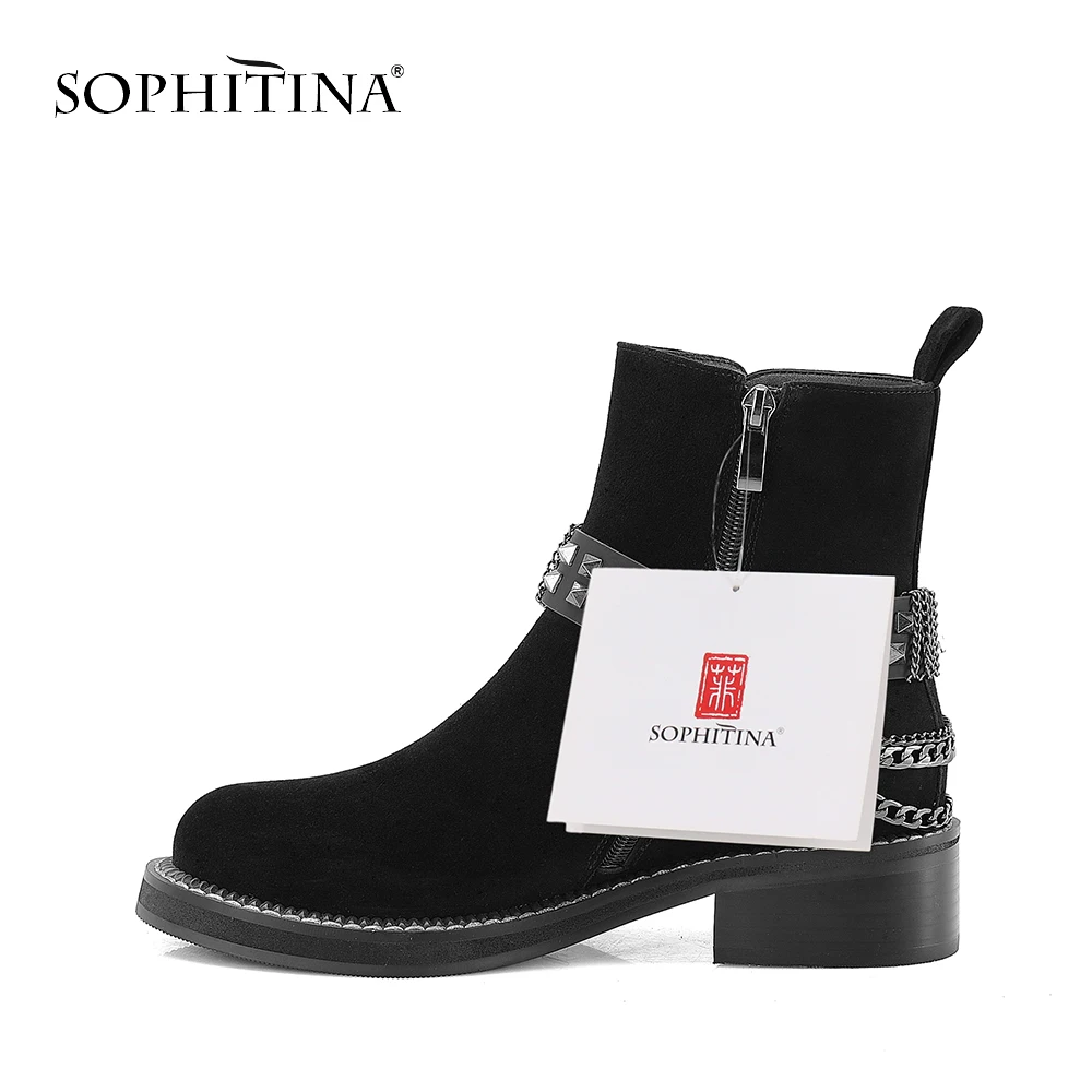 SOPHITINA/женские ботильоны; Новинка года; модные замшевые ботинки в стиле ретро с круглым носком; теплые зимние ботинки в байкерском стиле; ботинки с металлической цепочкой; M11