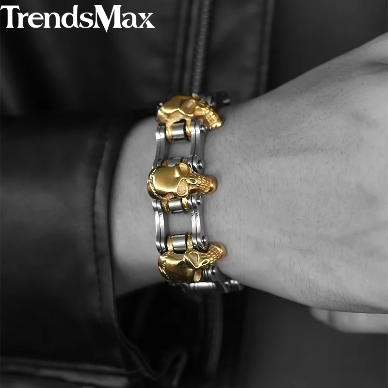 

Trendsmax мужской браслет с черепом, 22 см, браслет из нержавеющей стали 316L, Байкерская велосипедная связь, мужские ювелирные изделия, Прямая пост...