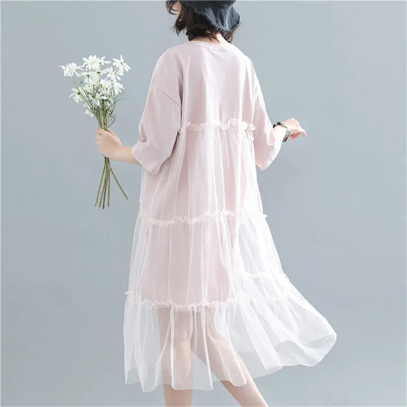 2019 Лето литературный Большие размеры Для женщин Сетчатое платье шить с коротким