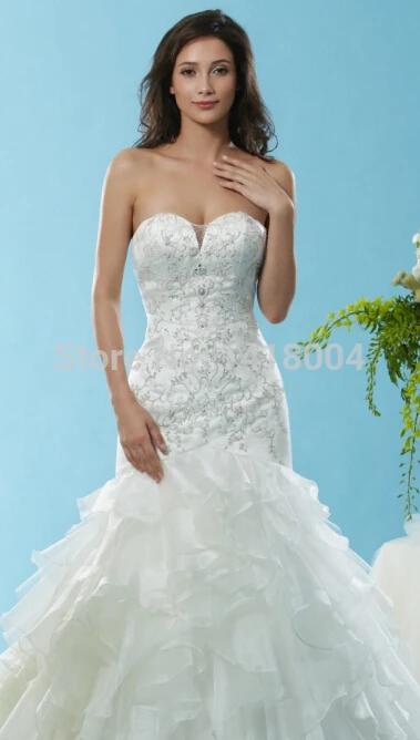 8A- new arrival mermaid sweetheart sheer wedding dresses sexy cascading ruffles beading sequin crystals beaded bridal gowns2015 | Свадьбы и