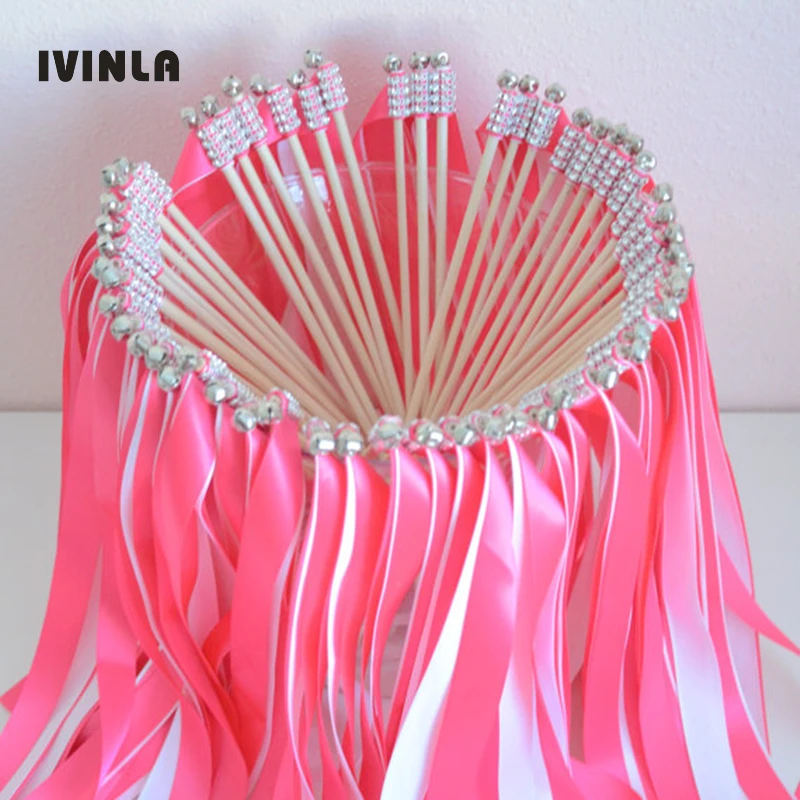 Varitas de cinta elegante para boda, color rojo sand&iacute;a + rosa, varitas de cinta de vapor para fiesta con diamantes de imitaci&oacute;n y campanas, superventas-1