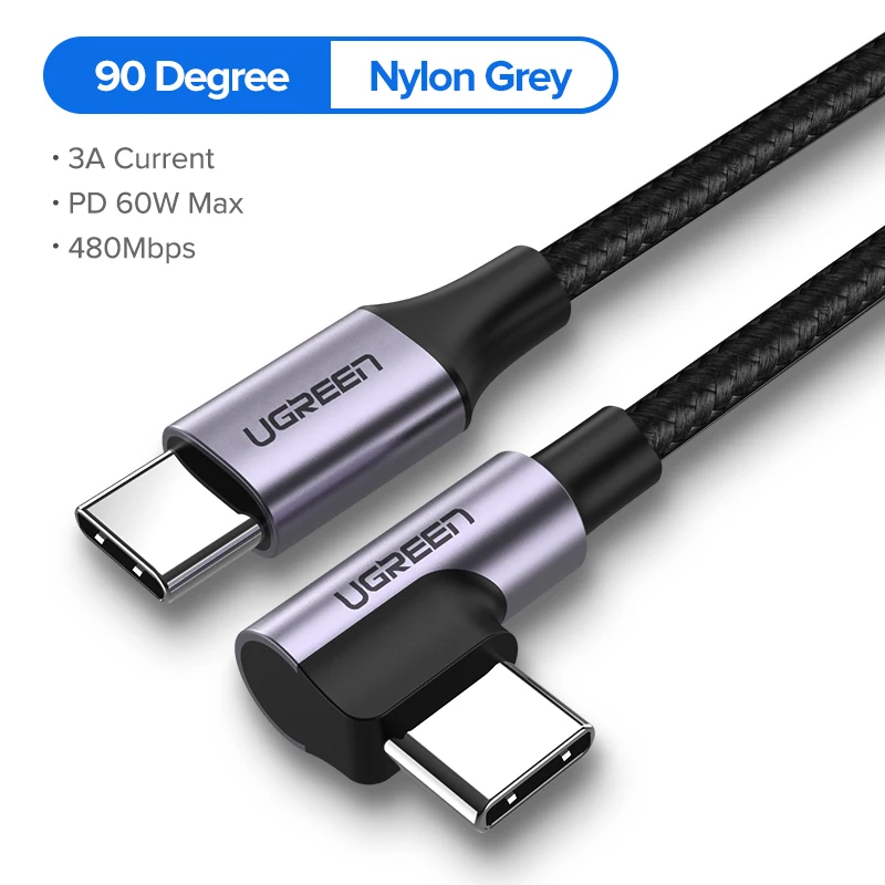 Ugreen 60 Вт USB C к usb type-C кабель для huawei mate 20 PD QC 4,0 Быстрая зарядка кабель для передачи данных для Macbook samsung S9 Plus USB C кабель - Цвет: 90 Degree Grey Nylon