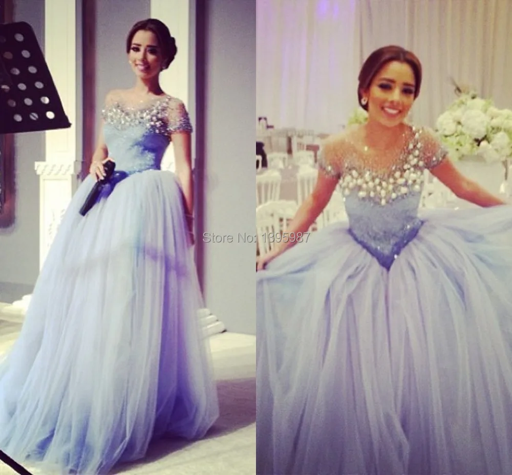 

Light Purple O-neck Short Sleeves Tulle Elegant Prom Dresses 2015 New arrival Beading Cap Sleeves Floor-Length Evening Gown XD05