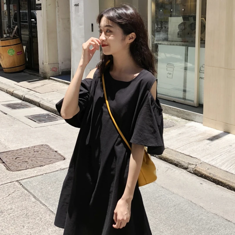 

Summer new Korean version Lap top strapless solid color round neck high waist short sleeve A-Line dress casual fashion students