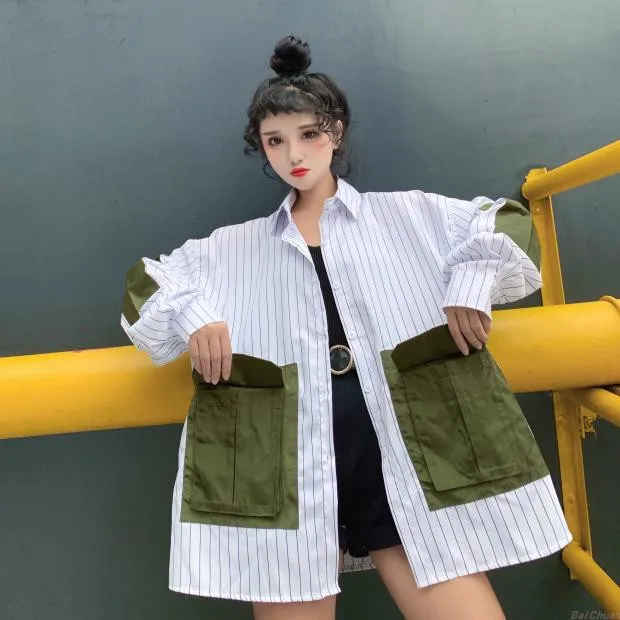 Harajuku BF стиль для женщин негабаритных в Вертикальную Полоску рубашка большой