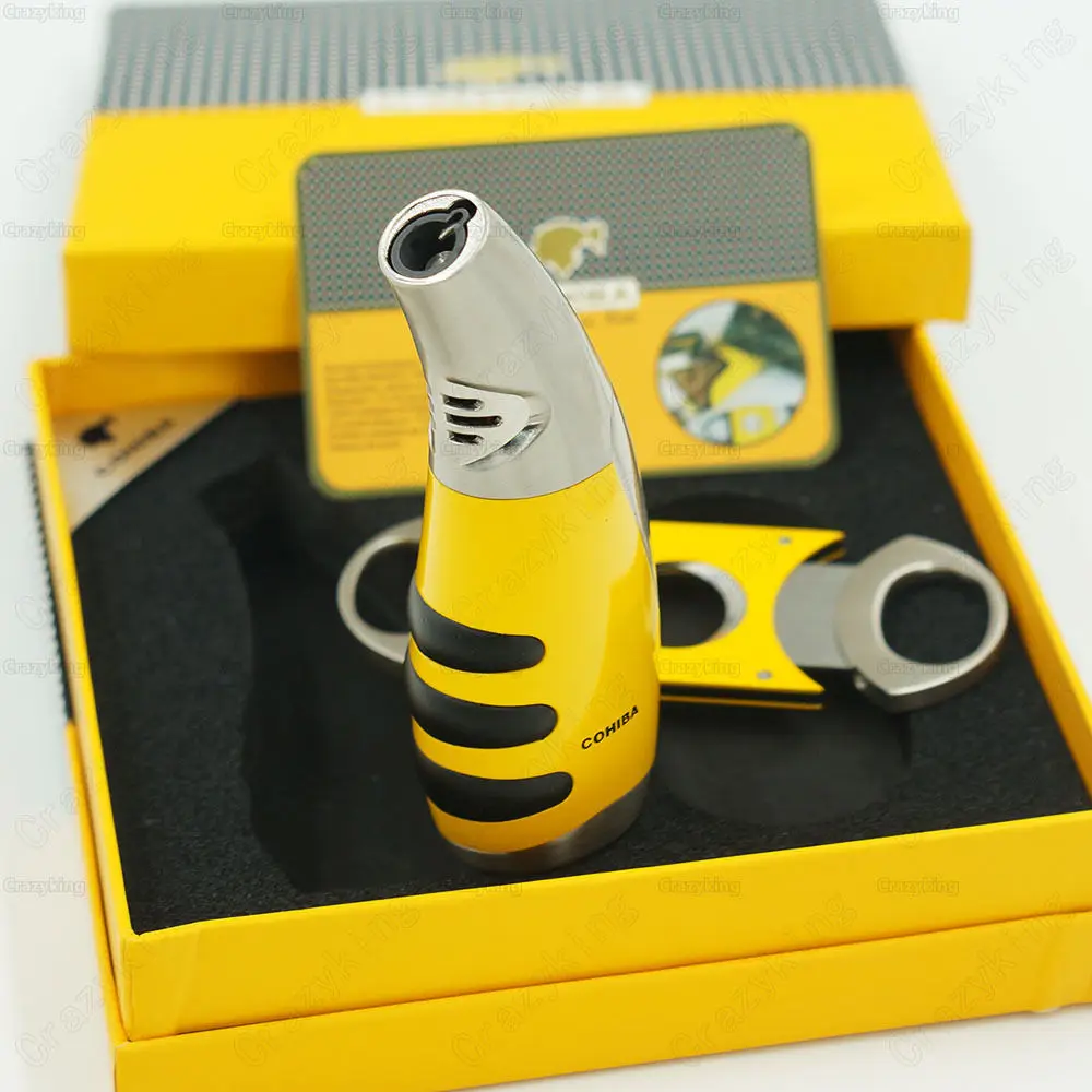 Free Shipping COHIBA Yellow &amp Silver Metal Torch Jet Flame Cigar Lighter With Cutter Gift Set Box | Дом и сад