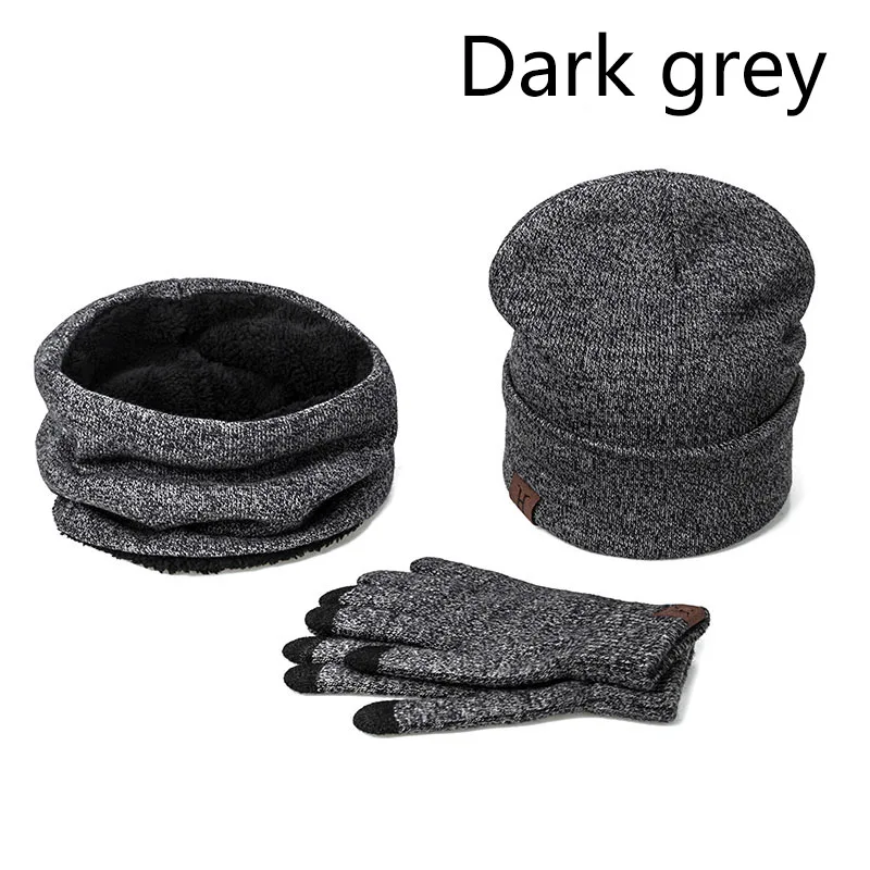IWINTER 3 Pieces Комплект женщин Зимняя шляпа и перчатки наборы Хлопок Unisex Hat Шарф перчатки Установить твердой шляпы и шарф для женщин Мужчины - Цвет: Dark Grey