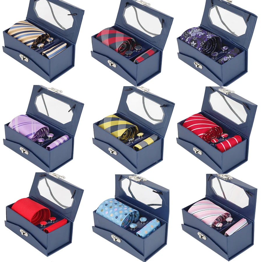 Мужской комплект из галстука носового платка запонок и подарочной коробки|tie