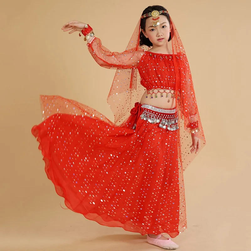 Детские костюмы для танца живота 2018 костюм Детская Одежда танцев с длинными