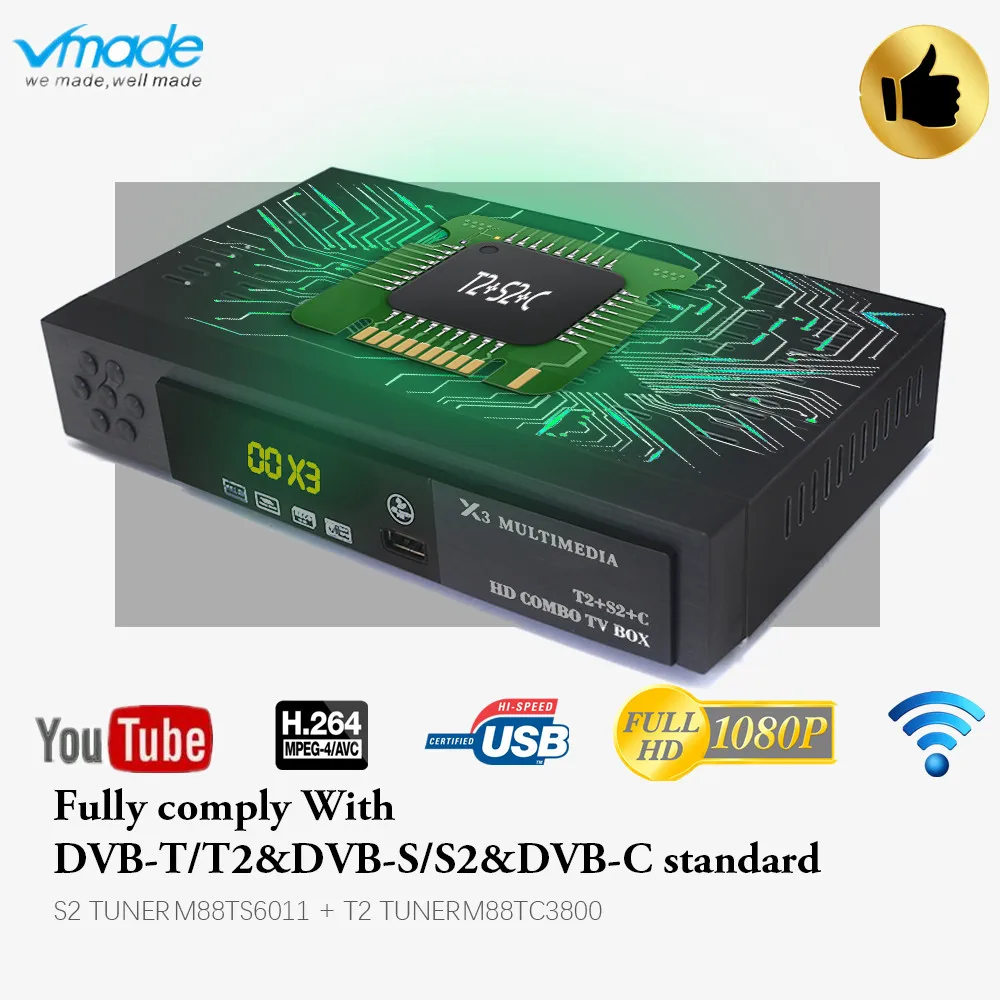 Vmade X3 HD DVB T2 S2 C 3 в 1 комбо цифровой спутниковый ресивер Full HD1080p наземный ТВ тюнер