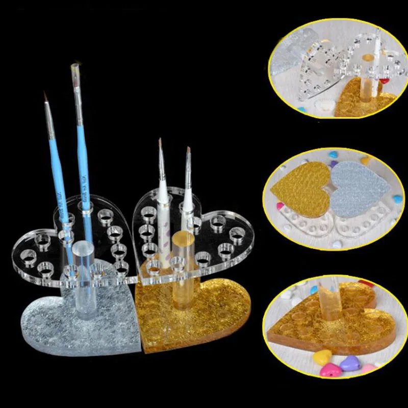 

Professional Heart Round Makeup Nail Art 12 Holes Acrylic Gel Nail Brush Pen Holder Gold Rest Stand Display Brushes