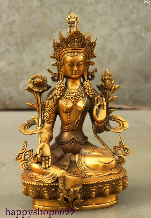 

Тибетский буддизм, бронзовый с позолоченным лотосом зеленая богиня тара Кван-Инь украшение с изображением Будды статуя