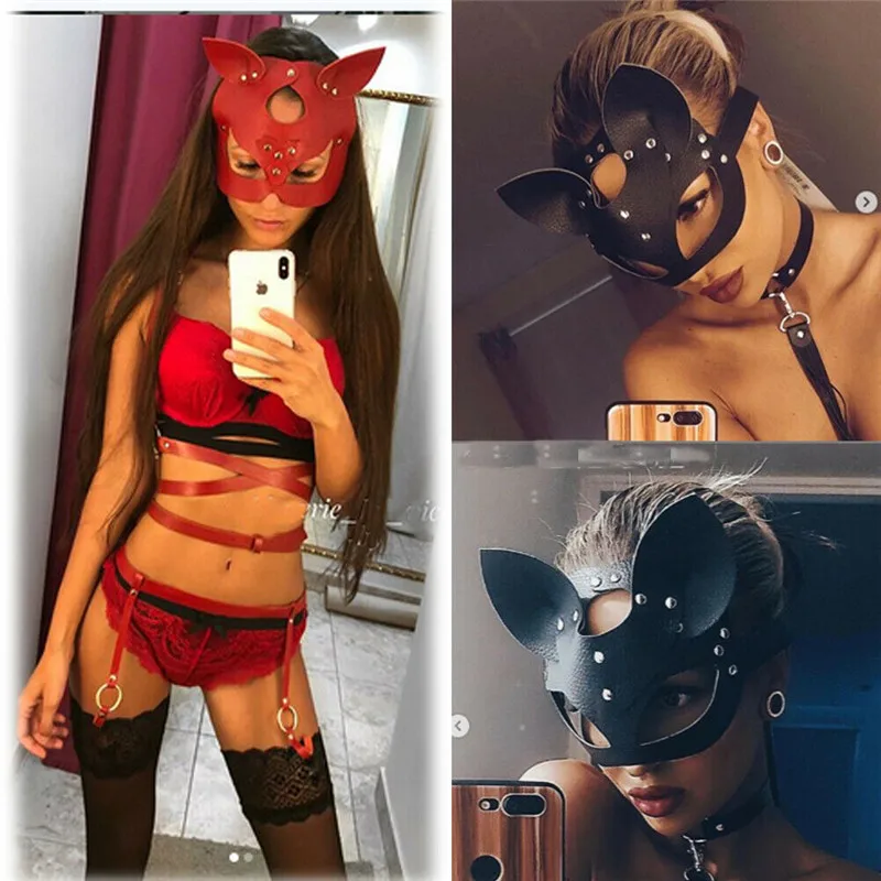 Полумаска Женщина-кошка, косплей, сексуальный костюм, реквизит, латексная маска для взрослых, искусственная кожа SM, маска для взрослых, костюм кошки, Маскарадная маска женщины-кошки, черная/красная