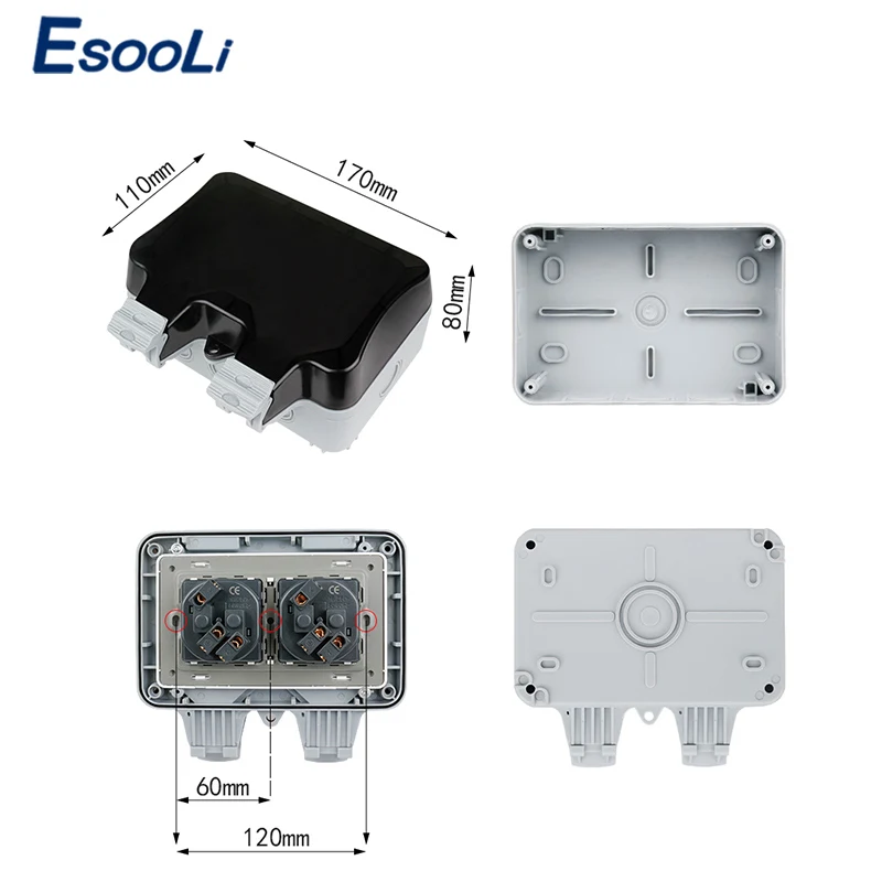 Esooli IP66 водостойкая наружная настенная розетка 16A с двойным европейским