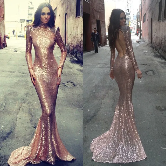 

Mermaid High Neck Open Back Gold Sequin Evening Gown Long Sleeve