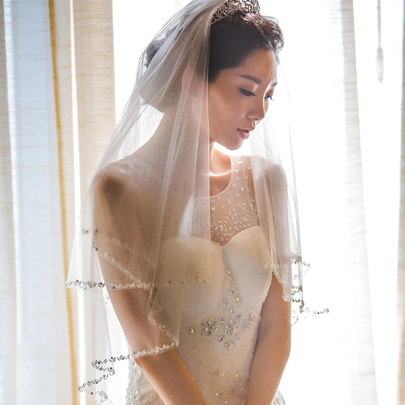 Блестящая двухслойная вуаль с бусинами длина до локтя свадебная Фата расческой