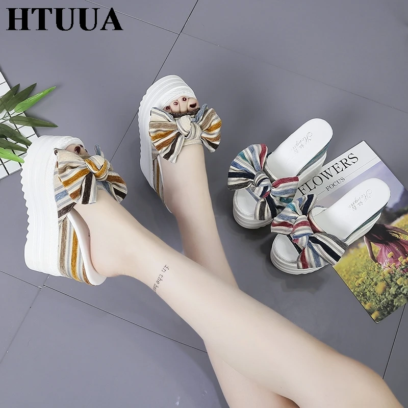 HTUUA/2019 г. Летние полосатые тапочки на танкетке с бантом женские повседневные