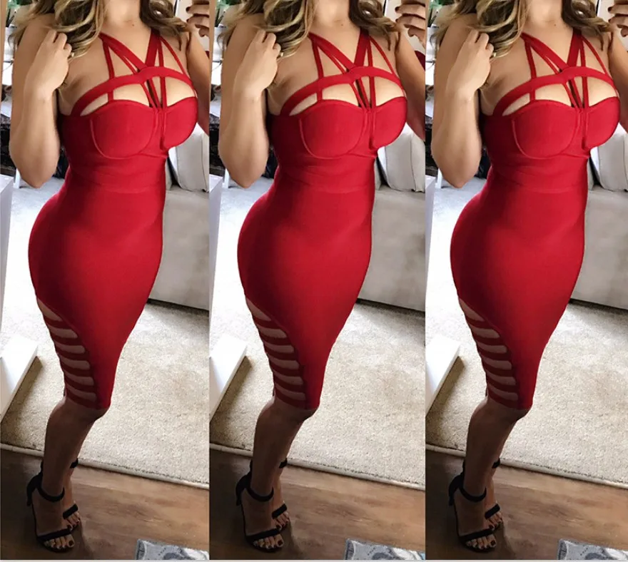 Женское облегающее платье до колен желтое красное с V-образным вырезом для